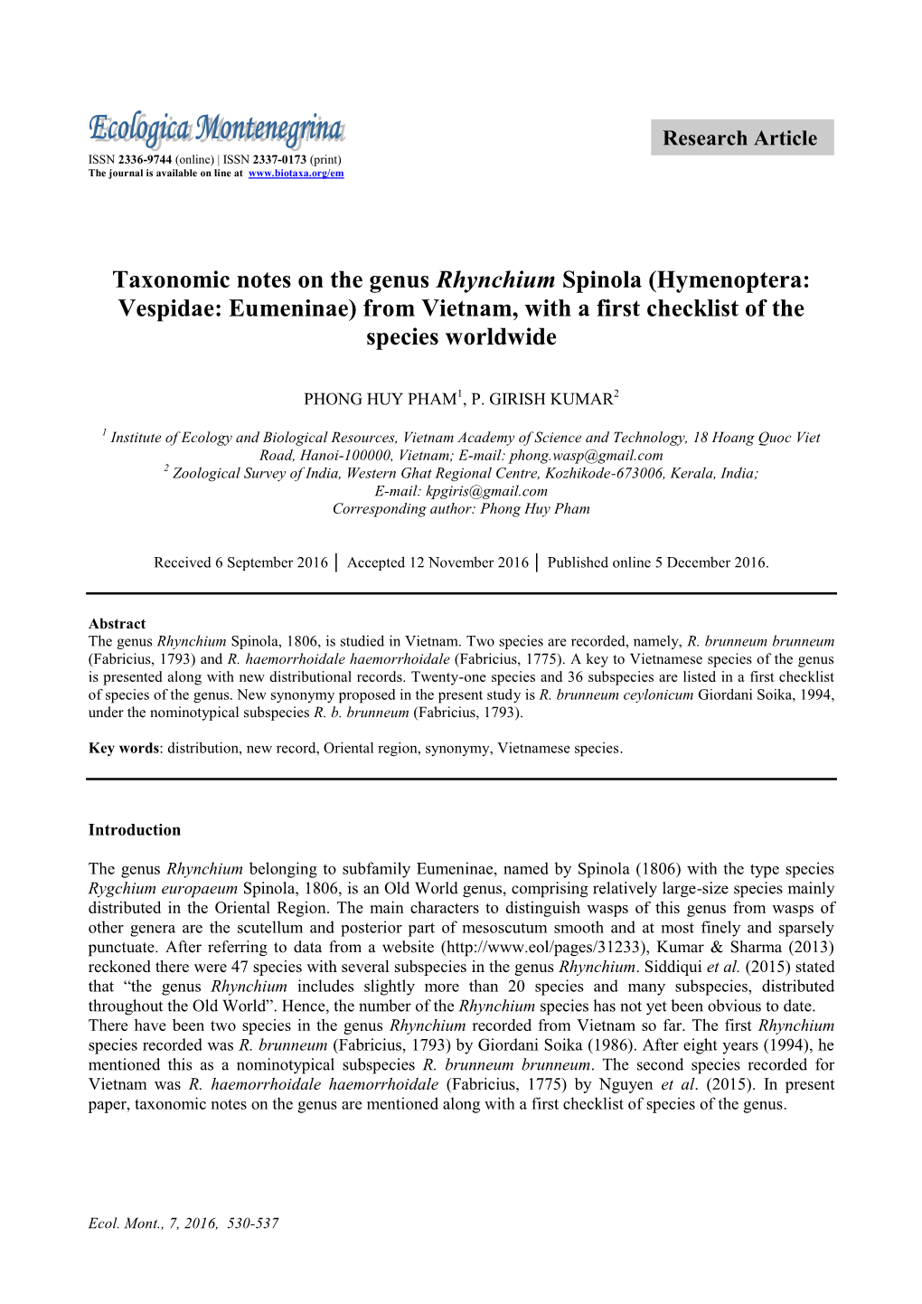 Taxonomic Notes on the Genus Rhynchium Spinola (Hymenoptera: Vespidae: Eumeninae) from Vietnam, with a First Checklist of the Species Worldwide