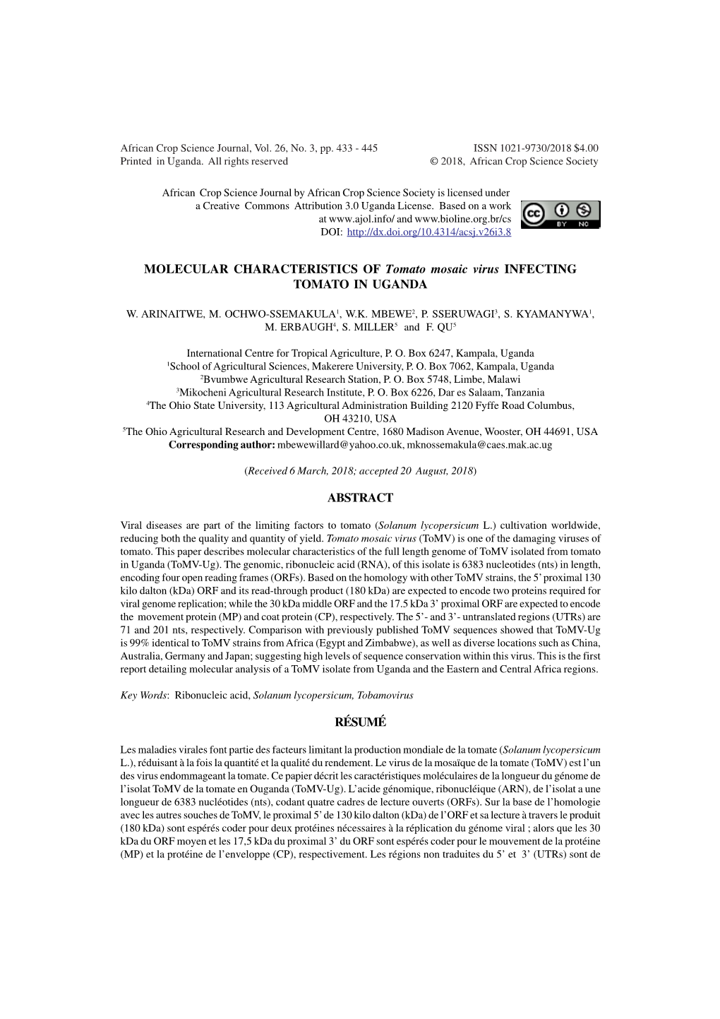 MOLECULAR CHARACTERISTICS of Tomato Mosaic Virus INFECTING TOMATO in UGANDA