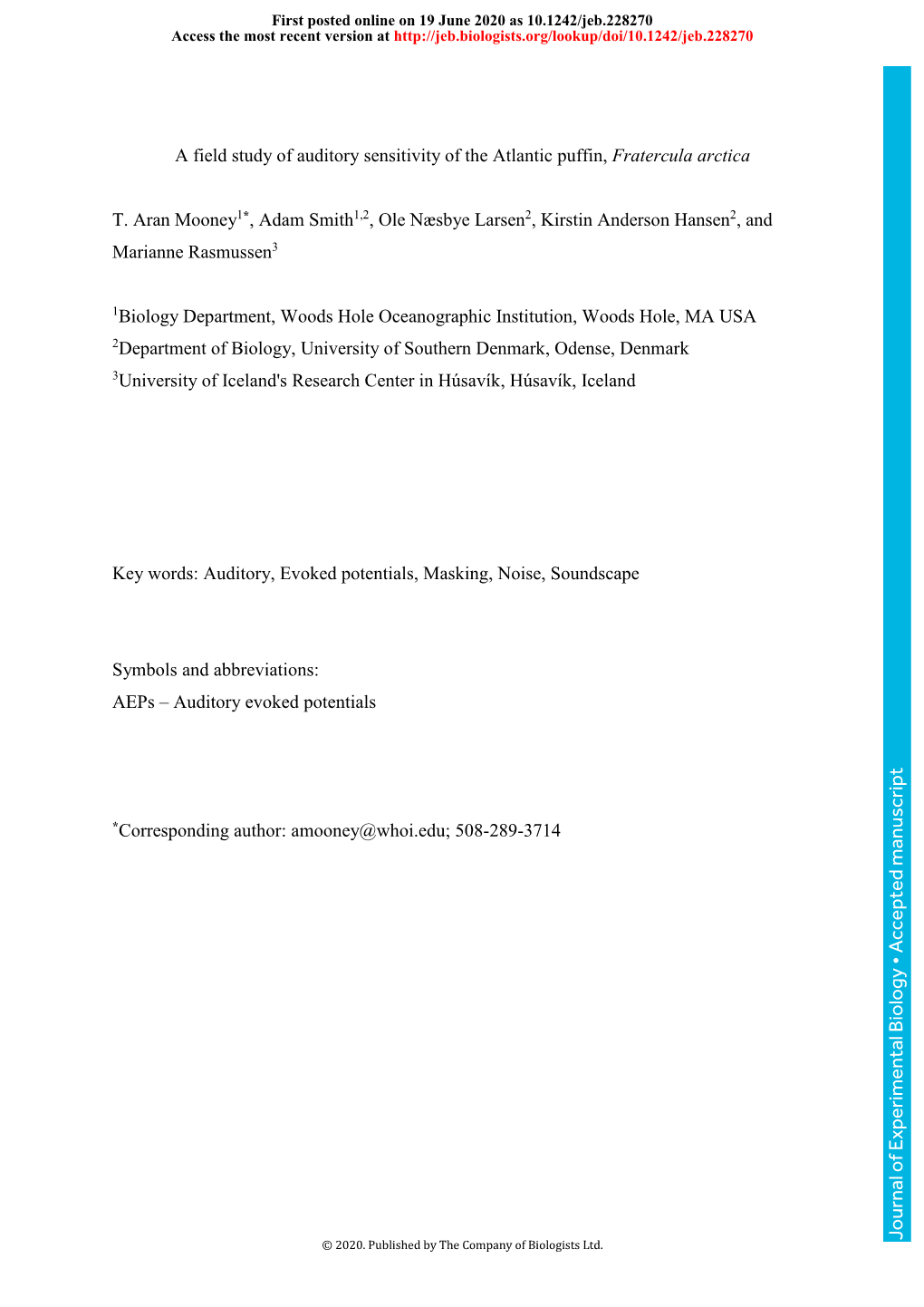 A Field Study of Auditory Sensitivity of the Atlantic Puffin, Fratercula Arctica