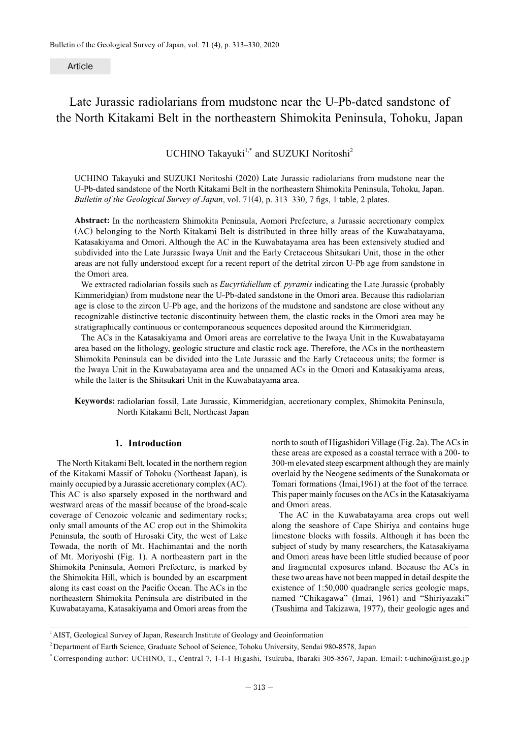 Late Jurassic Radiolarians from Mudstone Near the U–Pb-Dated Sandstone of the North Kitakami Belt in the Northeastern Shimokita Peninsula, Tohoku, Japan