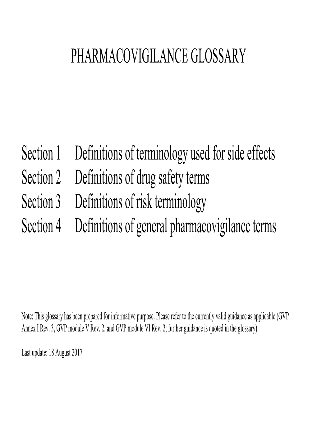 PHARMACOVIGILANCE GLOSSARY Section 1 Definitions of Terminology