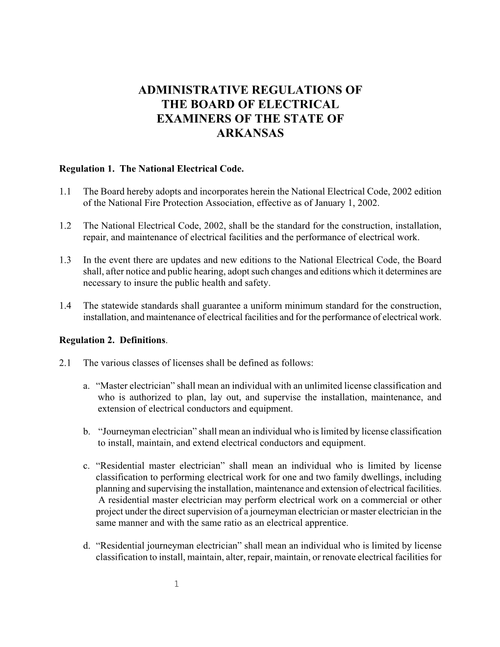 Administrative Regulations of the Board of Electrical Examiners of the State of Arkansas