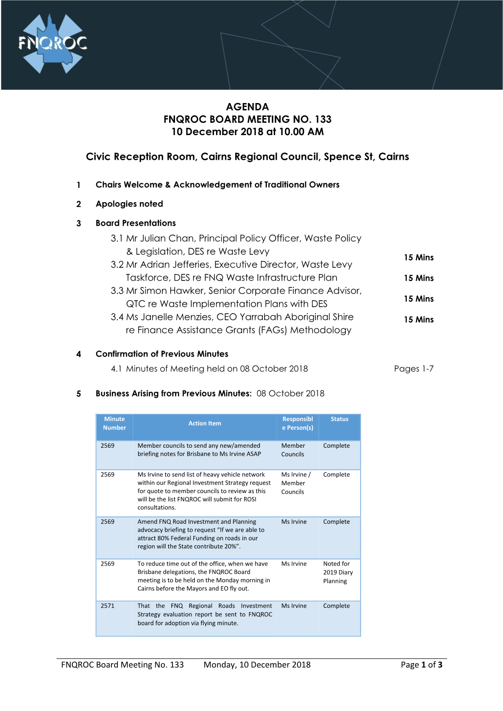 AGENDA FNQROC BOARD MEETING NO. 133 10 December 2018 at 10.00 AM