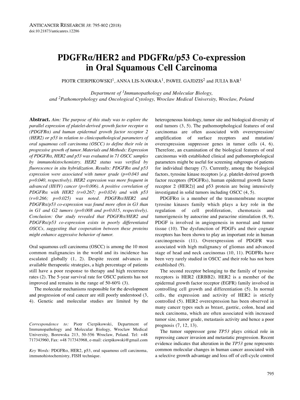 Pdgfrα/HER2 and Pdgfrα/P53 Co-Expression in Oral Squamous