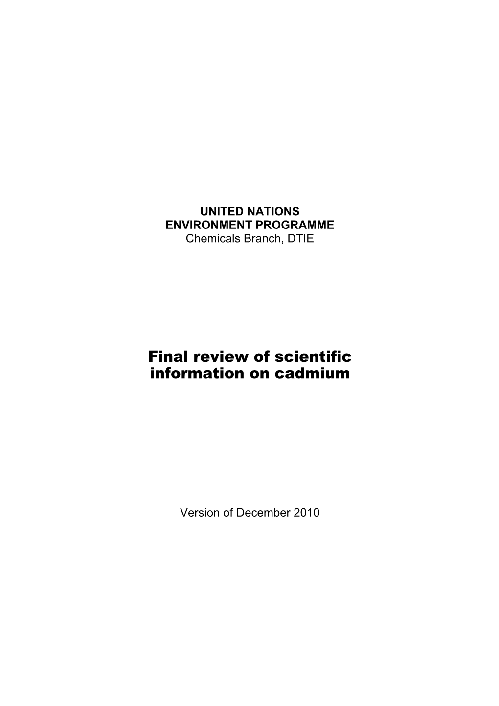 Final Review of Scientific Information on Cadmium