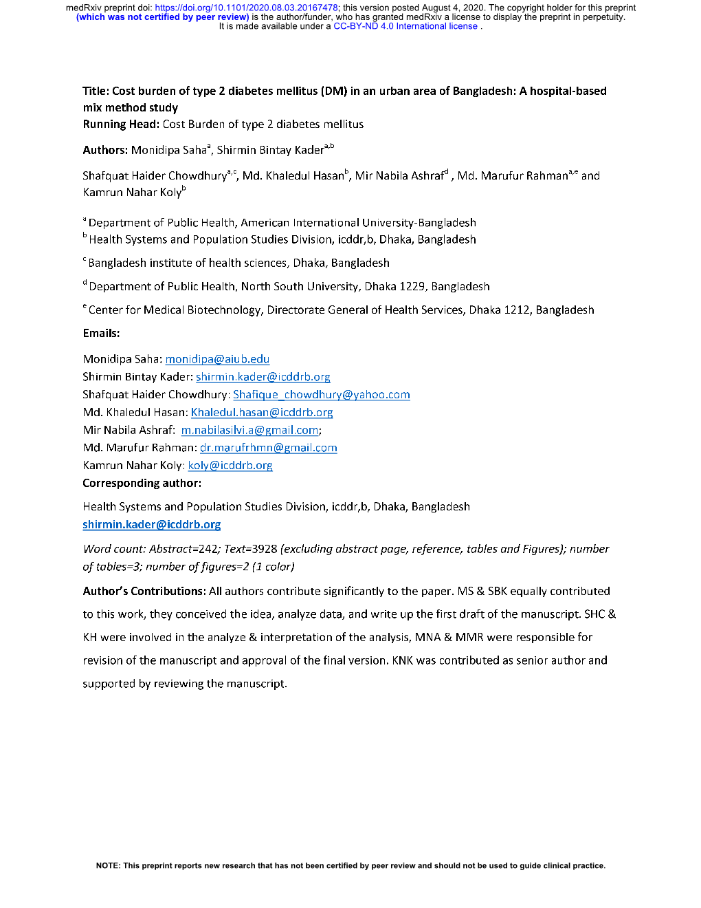 Cost Burden of Type 2 Diabetes Mellitus (DM) in an Urban Area of Bangladesh: a Hospital-Based Mix Method Study Running Head: Cost Burden of Type 2 Diabetes Mellitus