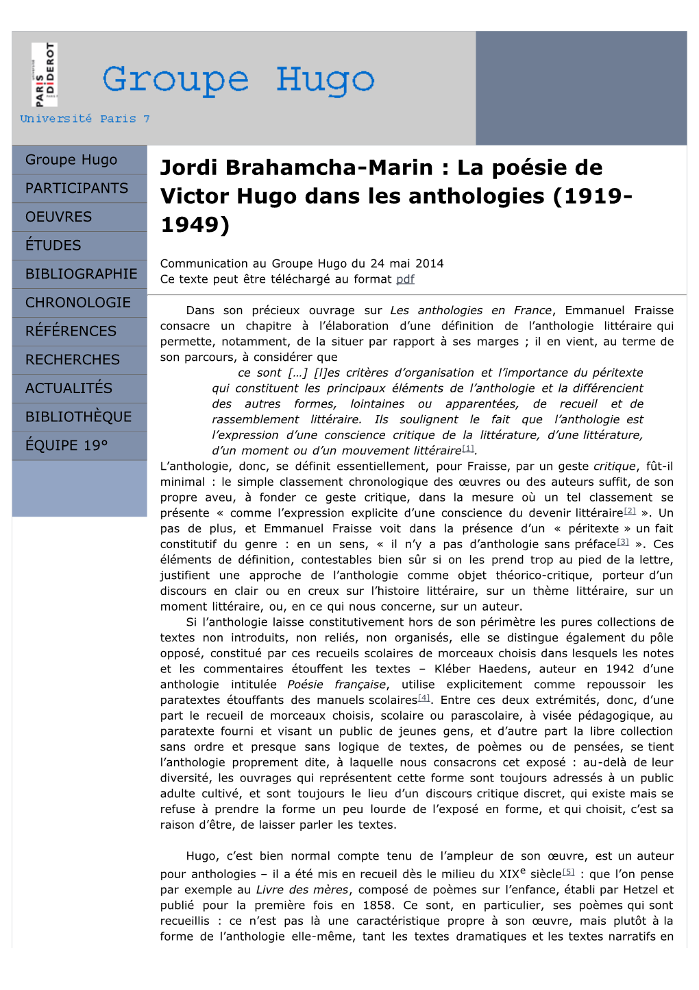 Jordi Brahamcha, La Poésie De Hugo Dans Les Anthologies