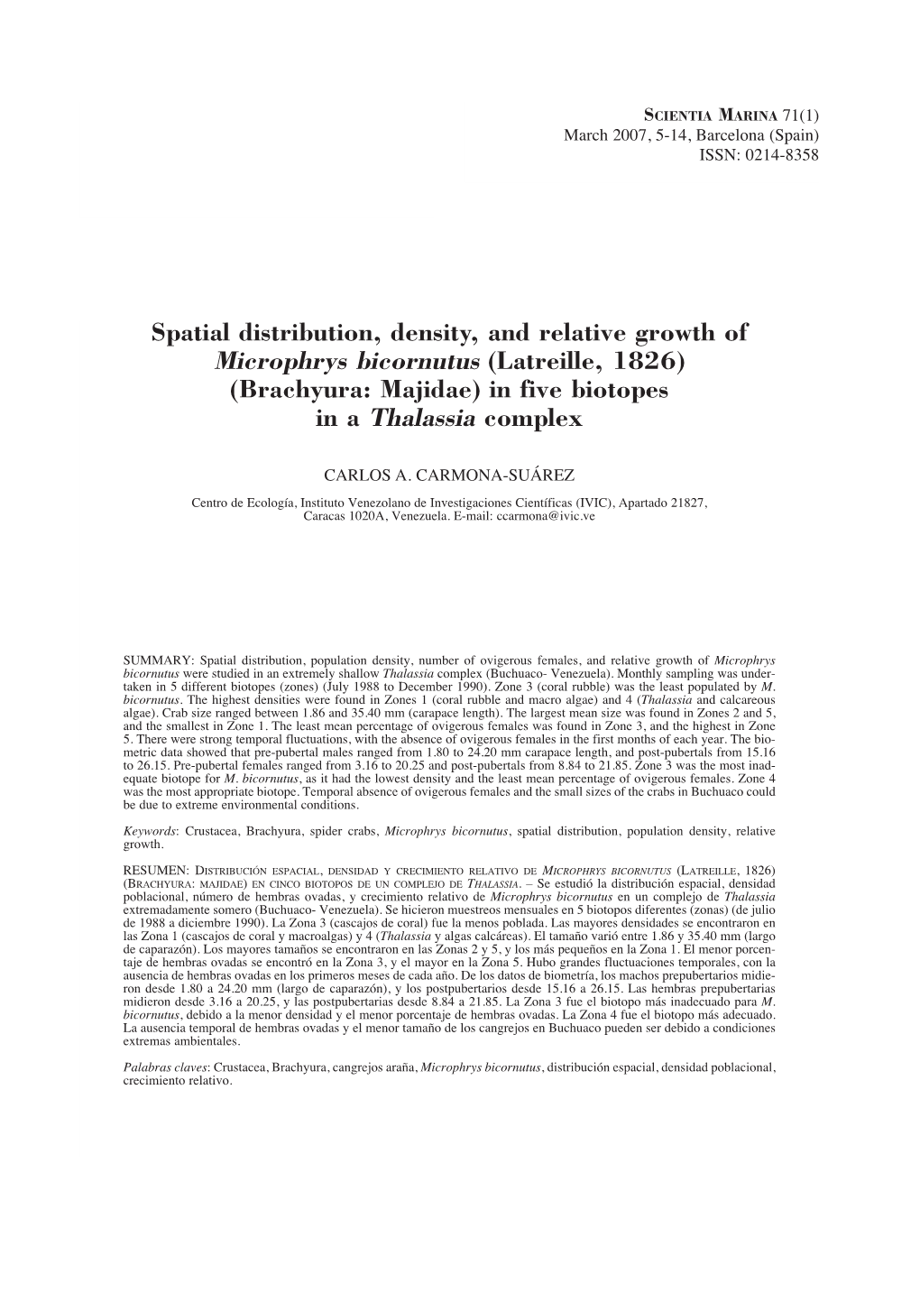 Microphrys Bicornutus (Latreille, 1826) (Brachyura: Majidae) in Five Biotopes in a Thalassia Complex