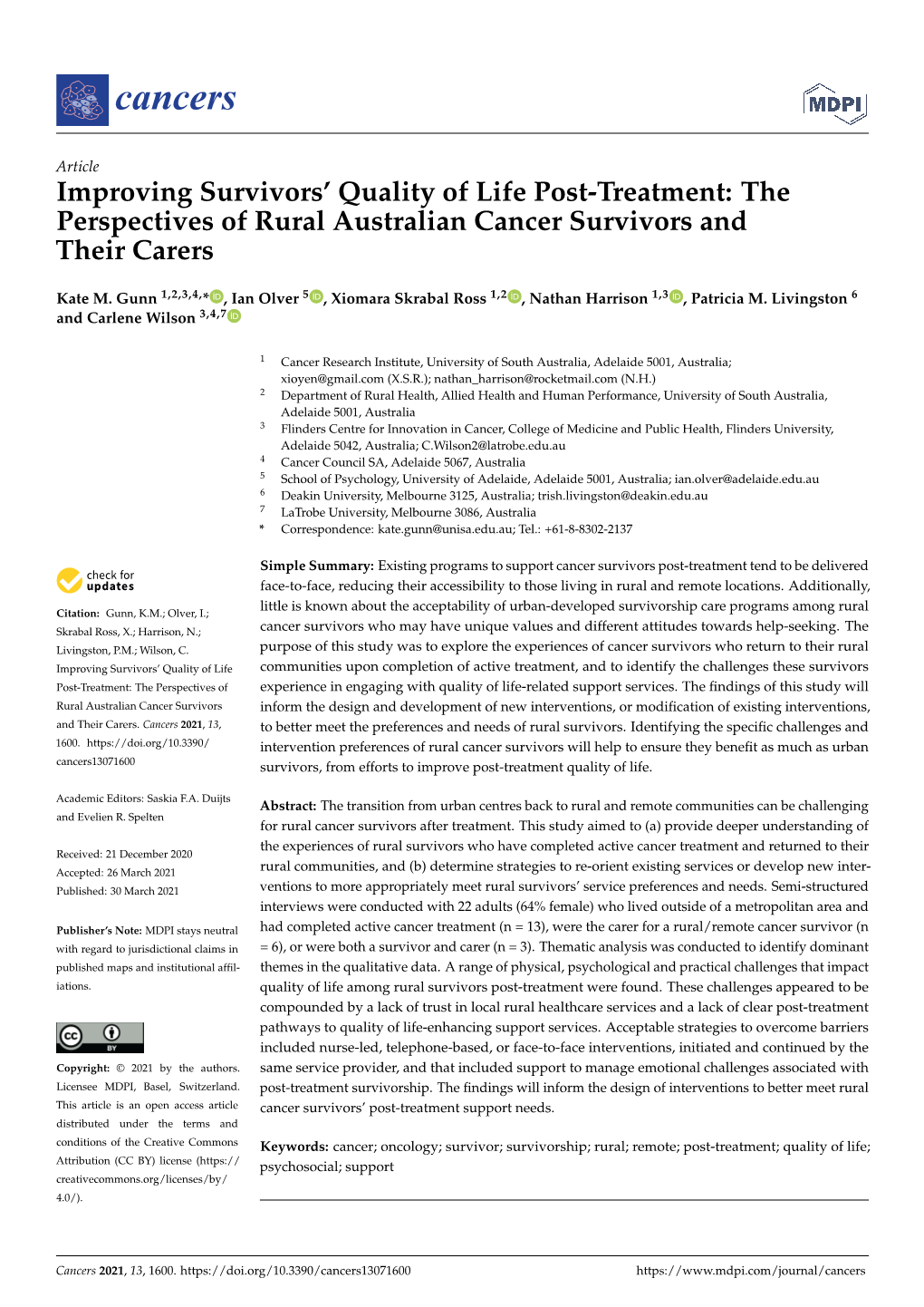 The Perspectives of Rural Australian Cancer Survivors and Their Carers