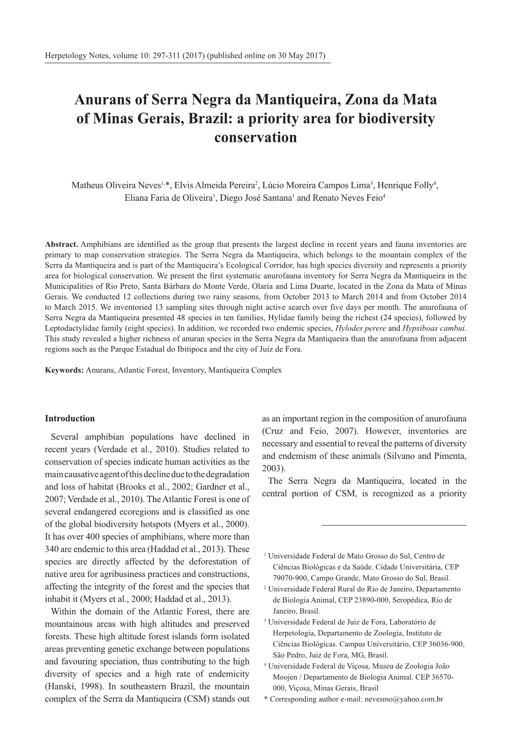 Anurans of Serra Negra Da Mantiqueira, Zona Da Mata of Minas Gerais, Brazil: a Priority Area for Biodiversity Conservation