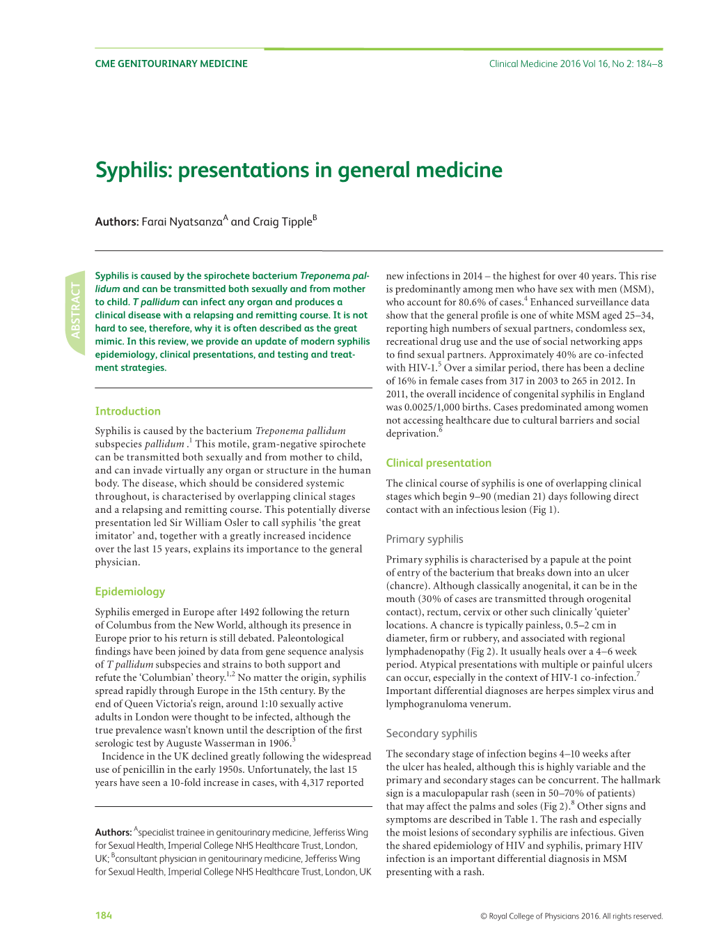 Syphilis: Presentations in General Medicine