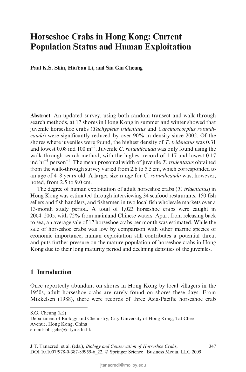 Horseshoe Crabs in Hong Kong: Current Population Status and Human Exploitation