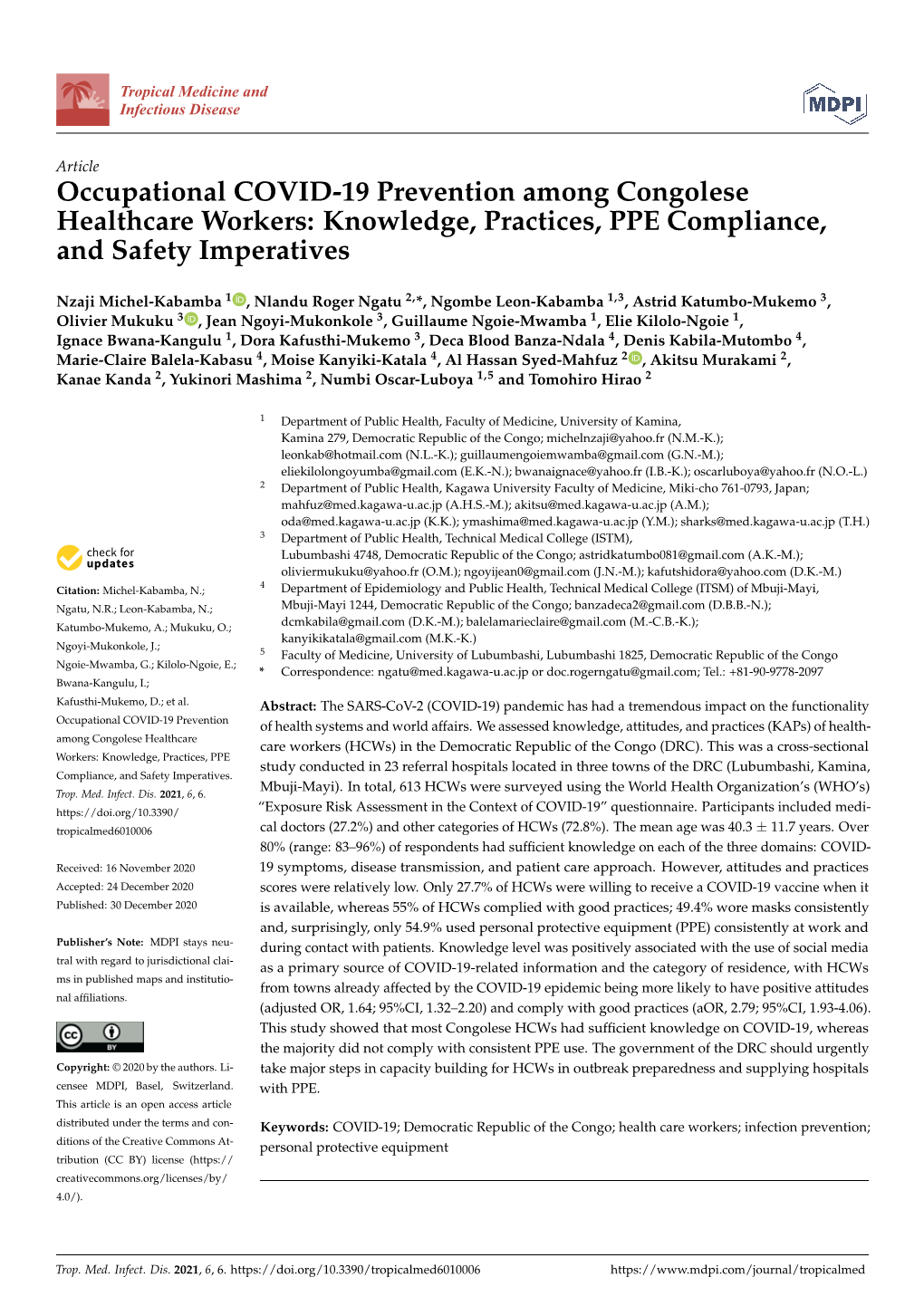 Occupational COVID-19 Prevention Among Congolese Healthcare Workers: Knowledge, Practices, PPE Compliance, and Safety Imperatives