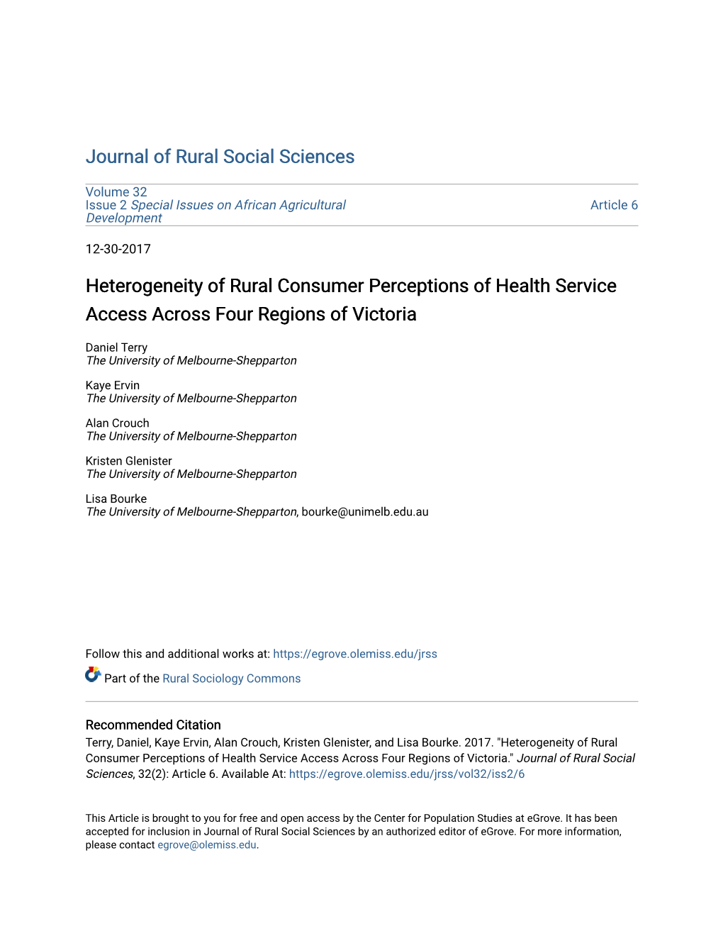 Heterogeneity of Rural Consumer Perceptions of Health Service Access Across Four Regions of Victoria