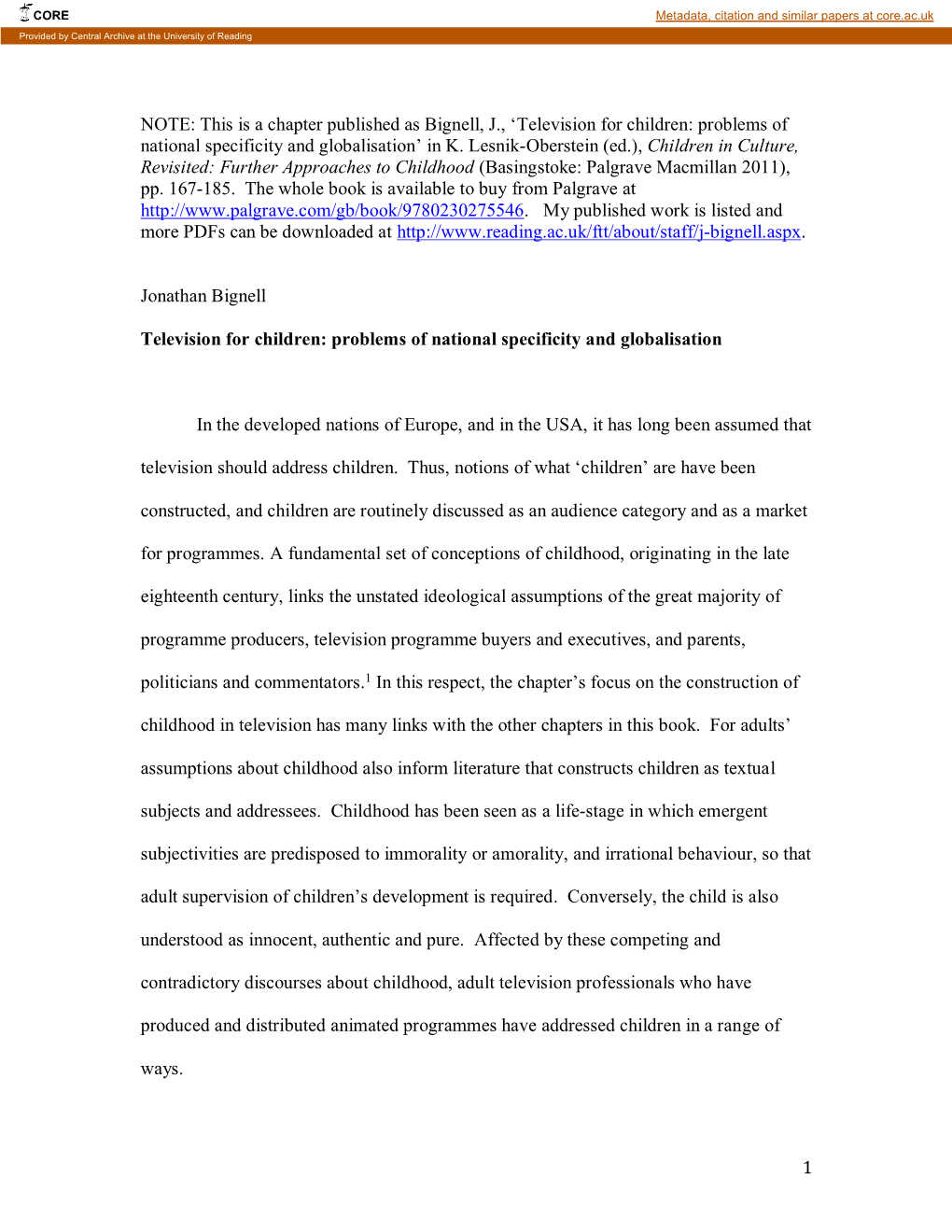 This Is a Chapter Published As Bignell, J., ‘Television for Children: Problems of National Specificity and Globalisation’ in K