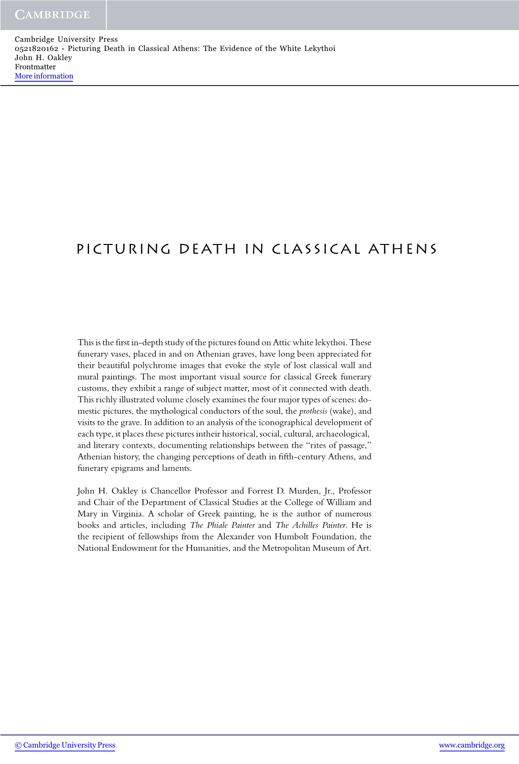 Picturing Death in Classical Athens: the Evidence of the White Lekythoi John H
