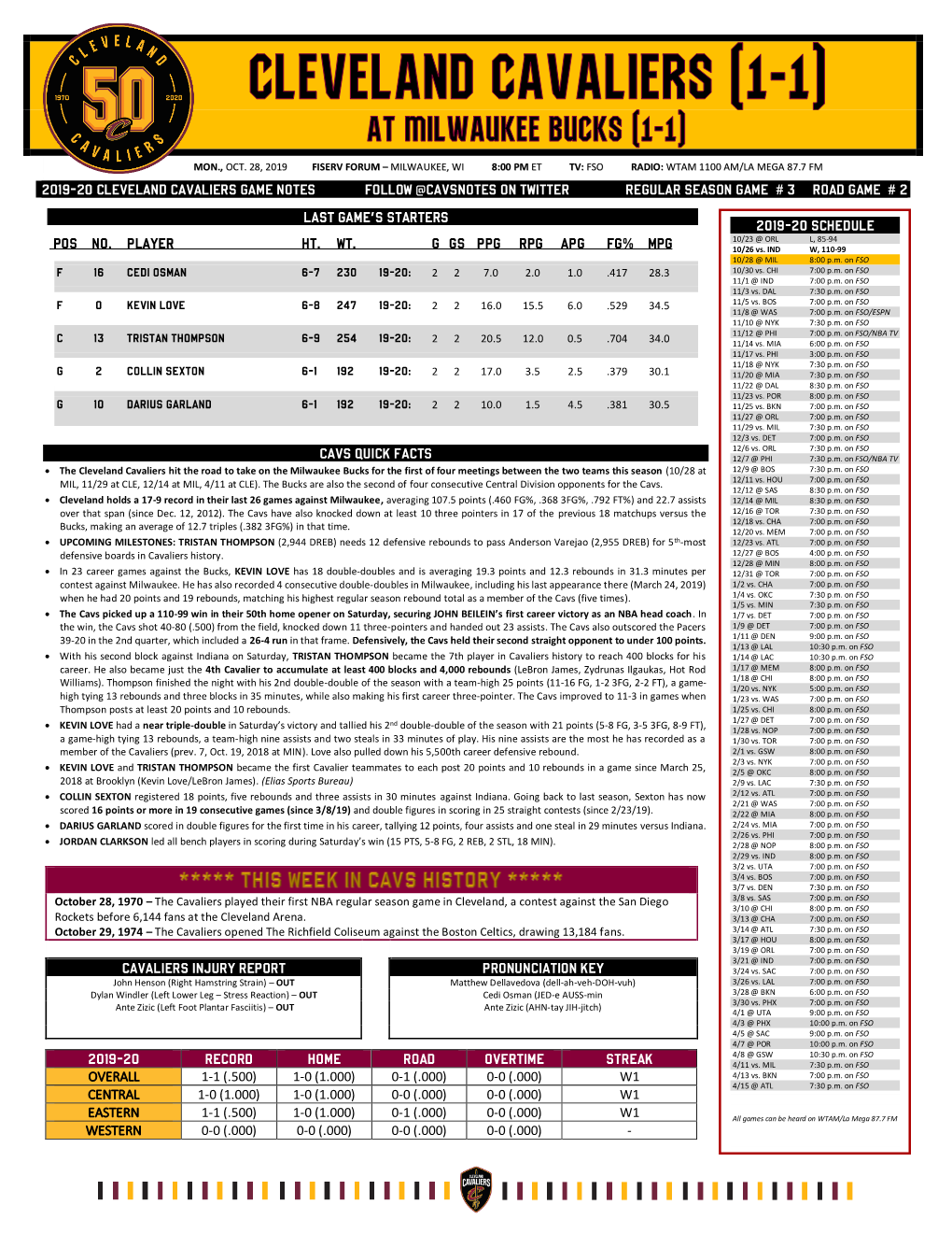 2019-20 Cleveland Cavaliers Game Notes Follow @Cavsnotes on Twitter Regular Season Game # 3 Road Game # 2 Cavs Qu