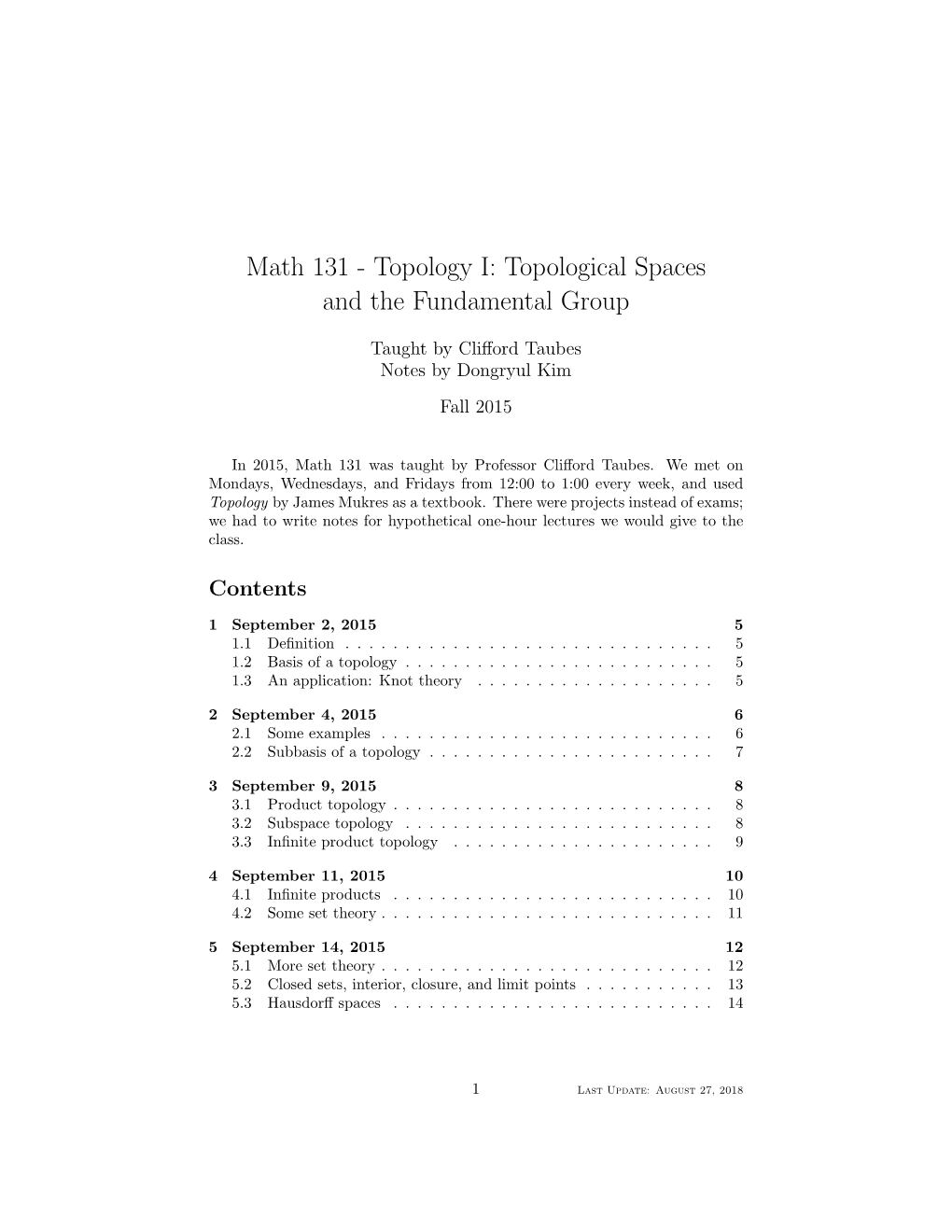 Math 131 - Topology I: Topological Spaces and the Fundamental Group