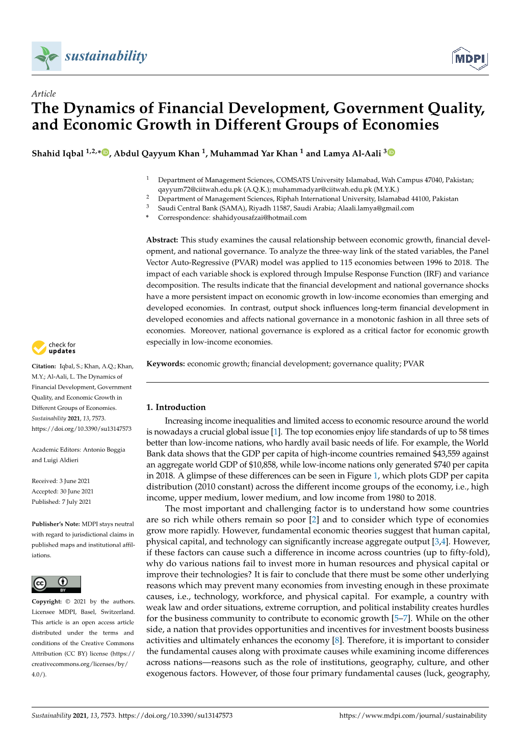 The Dynamics of Financial Development, Government Quality, and Economic Growth in Different Groups of Economies