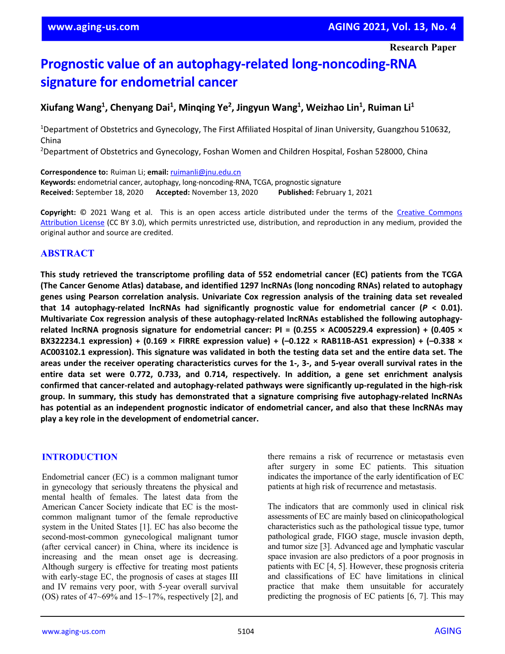 Prognostic Value of an Autophagy-Related Long-Noncoding-RNA Signature for Endometrial Cancer