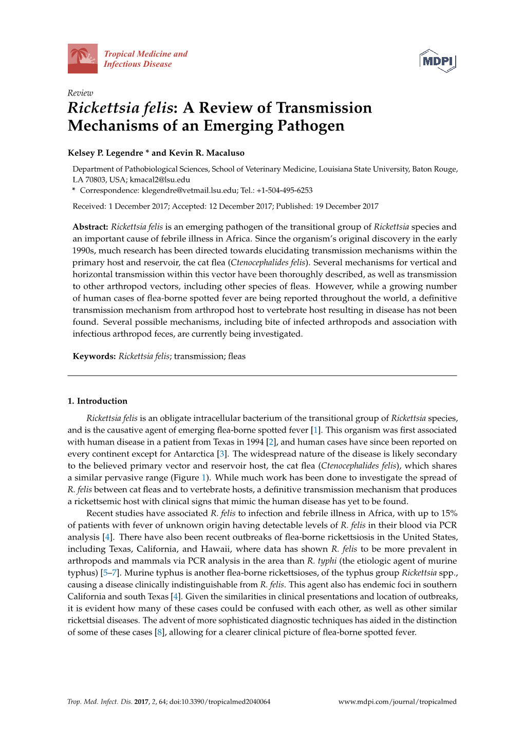 Rickettsia Felis: a Review of Transmission Mechanisms of an Emerging Pathogen