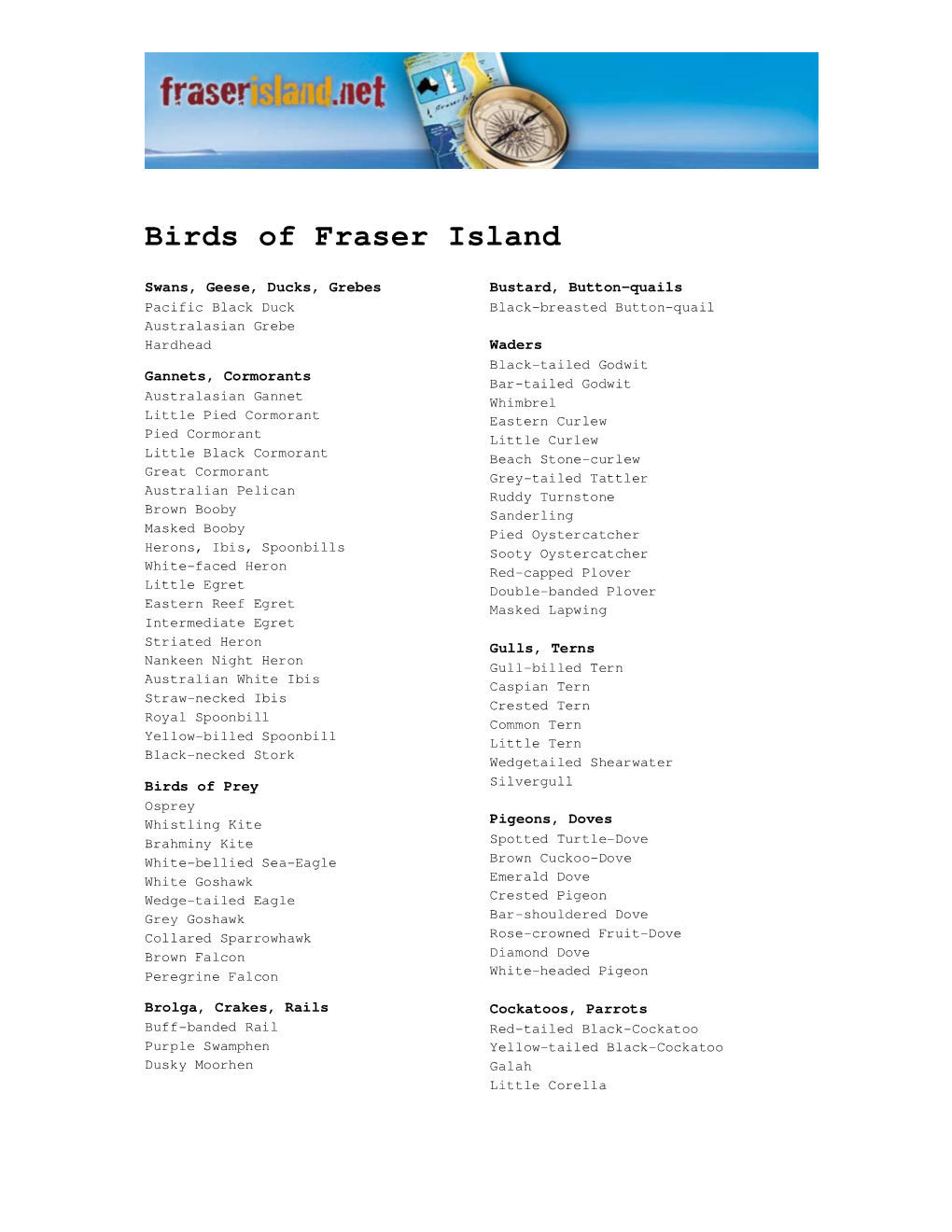 Fraser Island Birds List