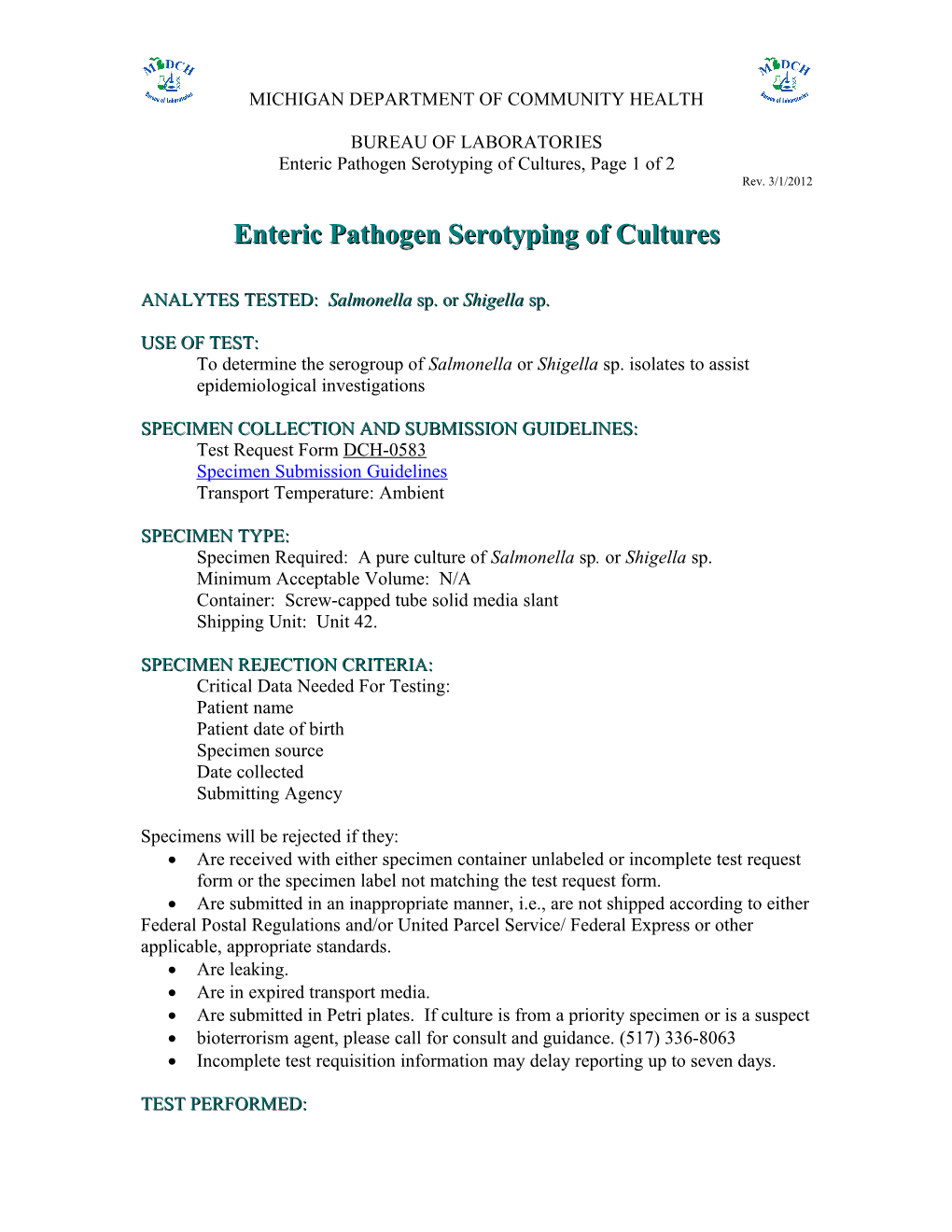 Enteric Pathogen Serotyping of Cultures