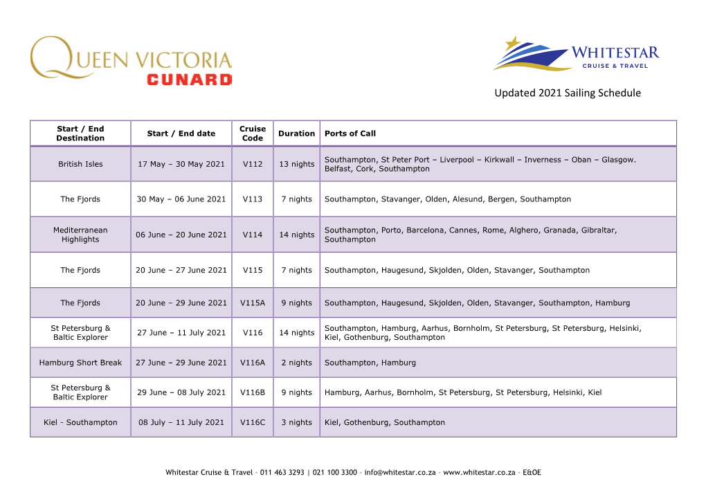 2021 Sailing Schedule