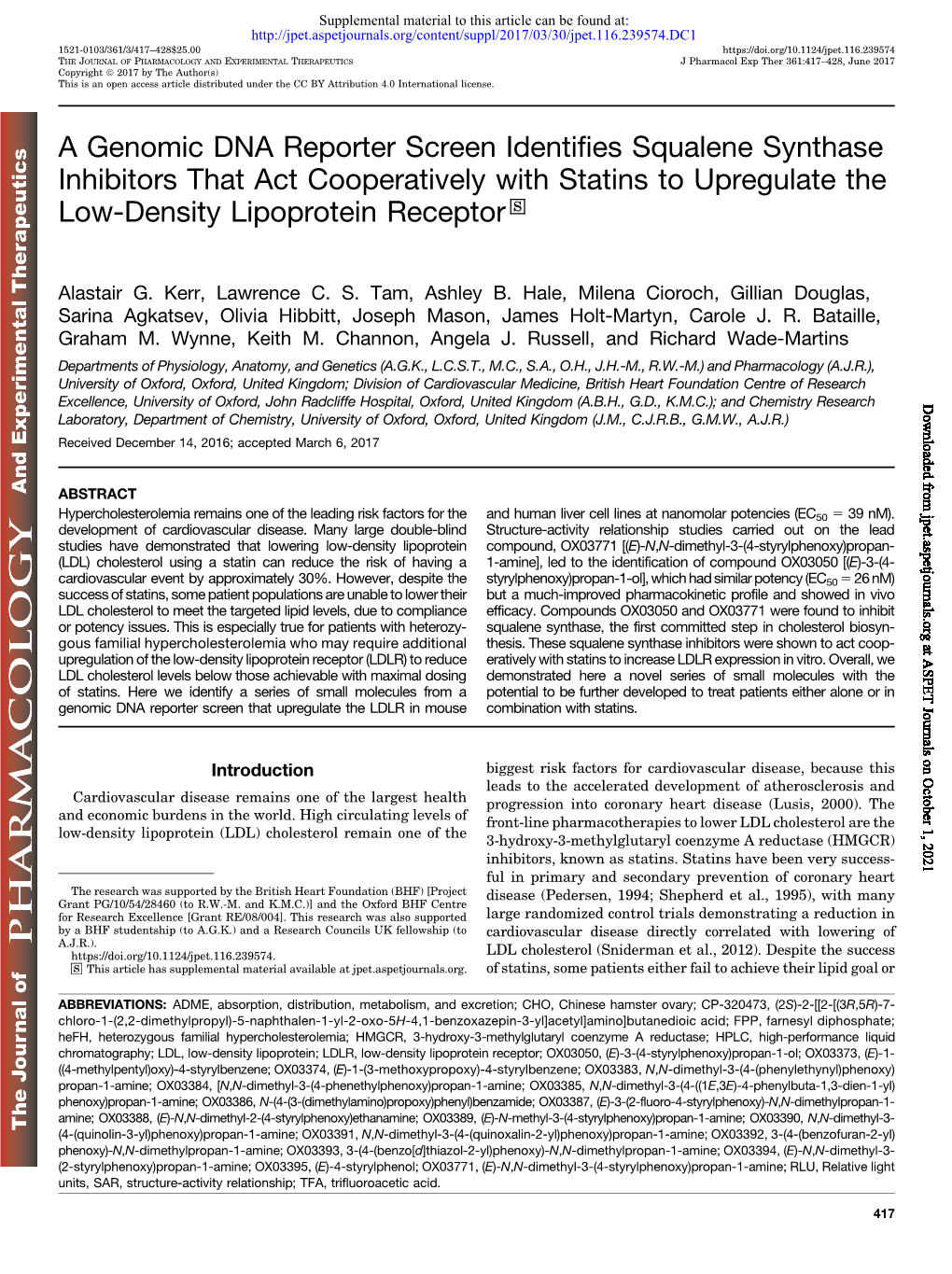 A Genomic DNA Reporter Screen Identifies Squalene Synthase Inhibitors That Act Cooperatively with Statins to Upregulate the Low-Density Lipoprotein Receptor S