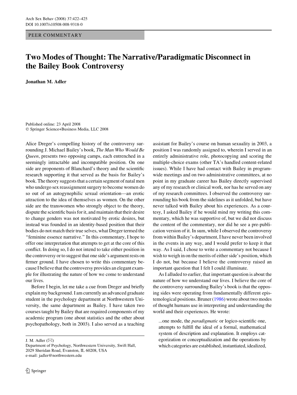 Two Modes of Thought: the Narrative/Paradigmatic Disconnect in the Bailey Book Controversy