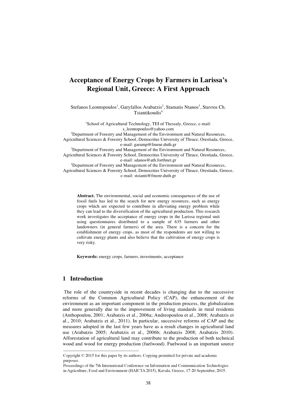 Acceptance of Energy Crops by Farmers in Larissa's Regional Unit, Greece: a First Approach