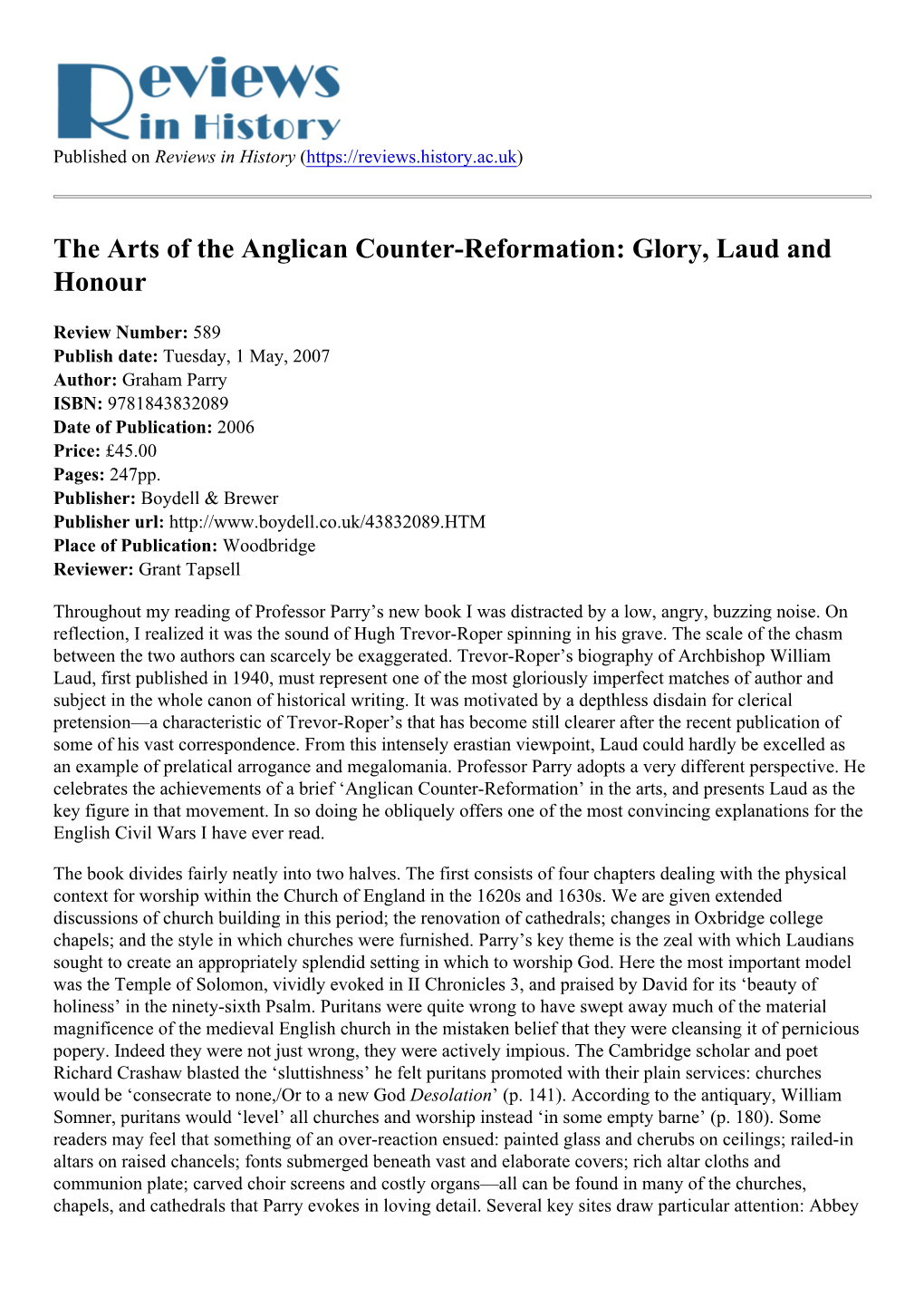 The Arts of the Anglican Counter-Reformation: Glory, Laud and Honour