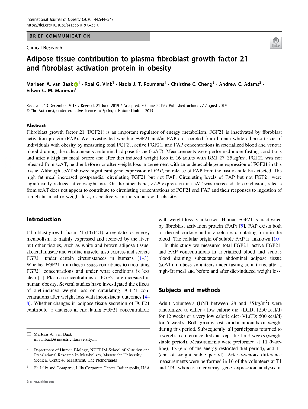 Adipose Tissue Contribution to Plasma Fibroblast Growth Factor 21 and Fibroblast Activation Protein in Obesity