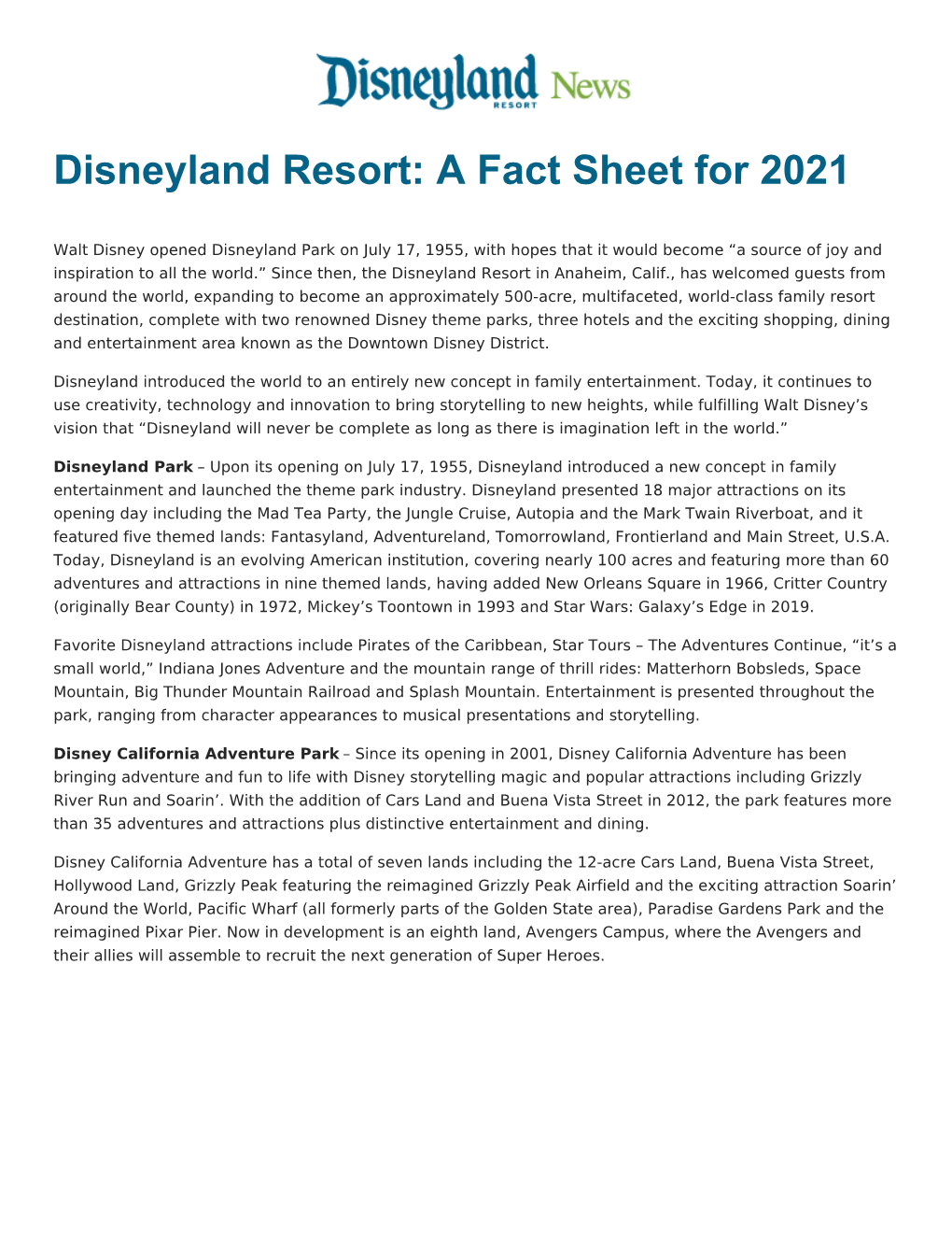 Disneyland Resort: a Fact Sheet for 2021