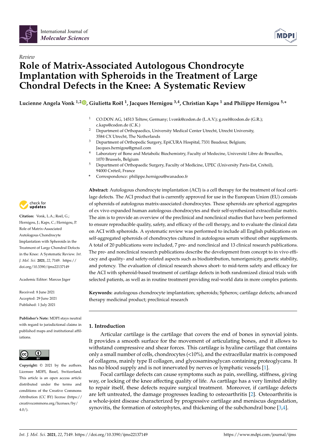 Role of Matrix-Associated Autologous Chondrocyte Implantation with Spheroids in the Treatment of Large Chondral Defects in the Knee: a Systematic Review