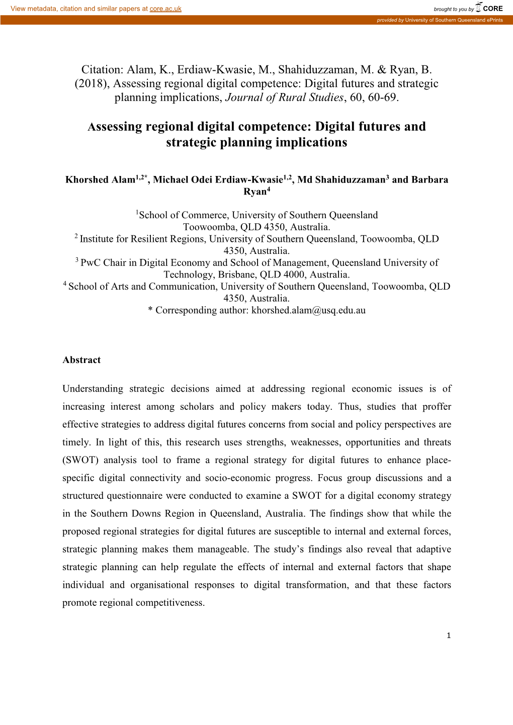 Assessing Regional Digital Competence: Digital Futures and Strategic Planning Implications, Journal of Rural Studies, 60, 60-69