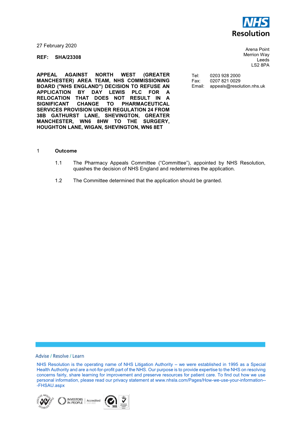 27 February 2020 REF: SHA/23308 APPEAL AGAINST NORTH WEST