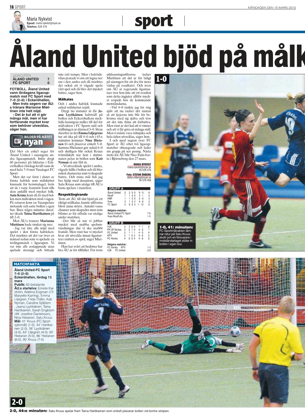 Maria Nykvist Epost: Maria.Nykvist@Nyan.Ax Telefon: 528 478 Sport Åland United Bjöd På Målk LIGACUPEN Inte Rätt Tempo