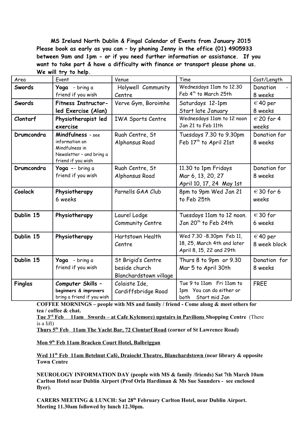 MS Ireland North Dublin & Fingal Calendar of Events from January 2015