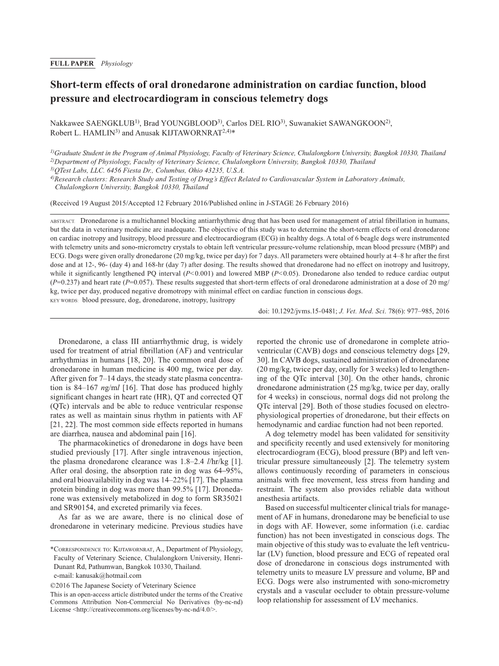 Short-Term Effects of Oral Dronedarone Administration on Cardiac Function, Blood Pressure and Electrocardiogram in Conscious Telemetry Dogs