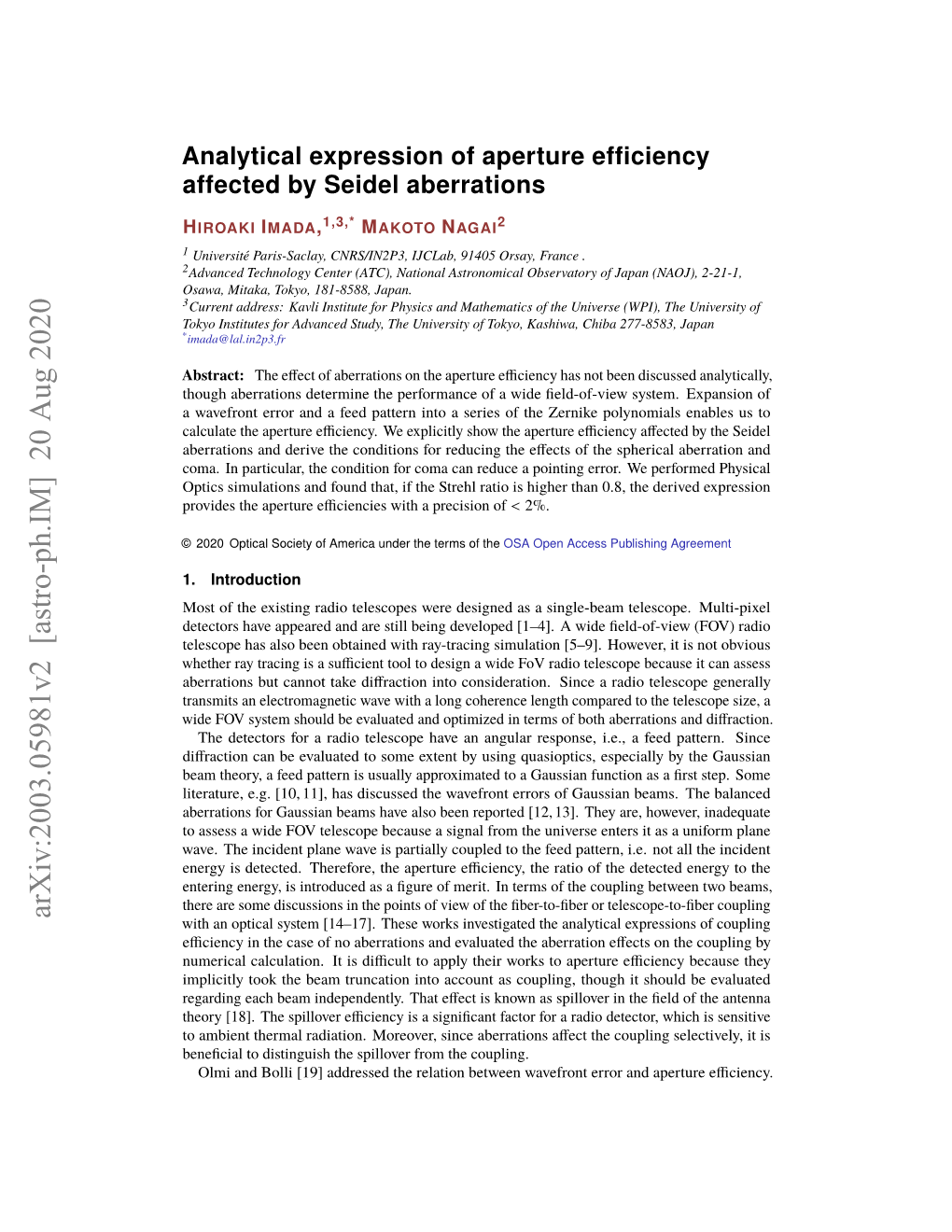 Analytical Expression of Aperture Efficiency Affected by Seidel Aberrations