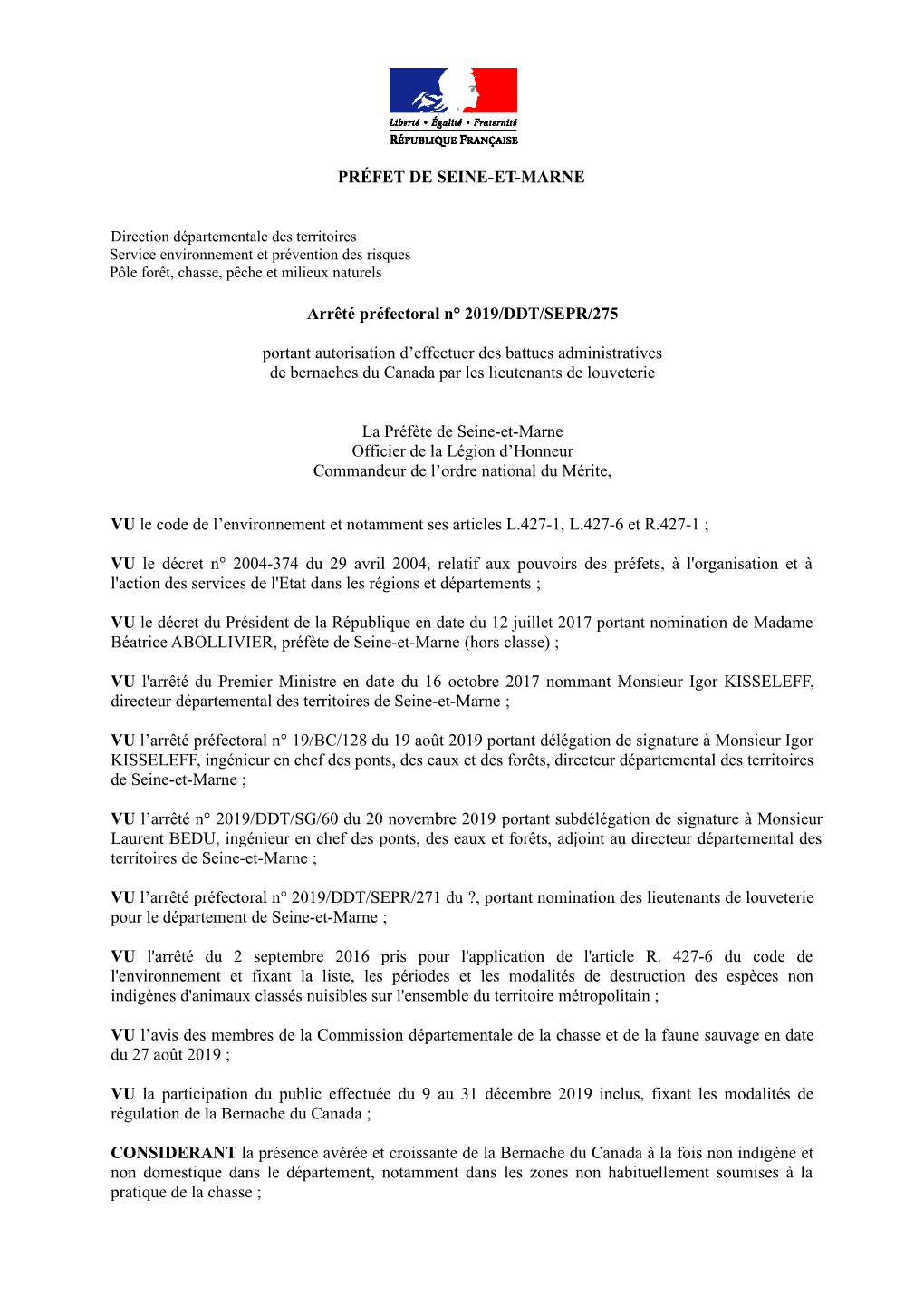 PRÉFET DE SEINE-ET-MARNE Arrêté Préfectoral N° 2019/DDT/SEPR