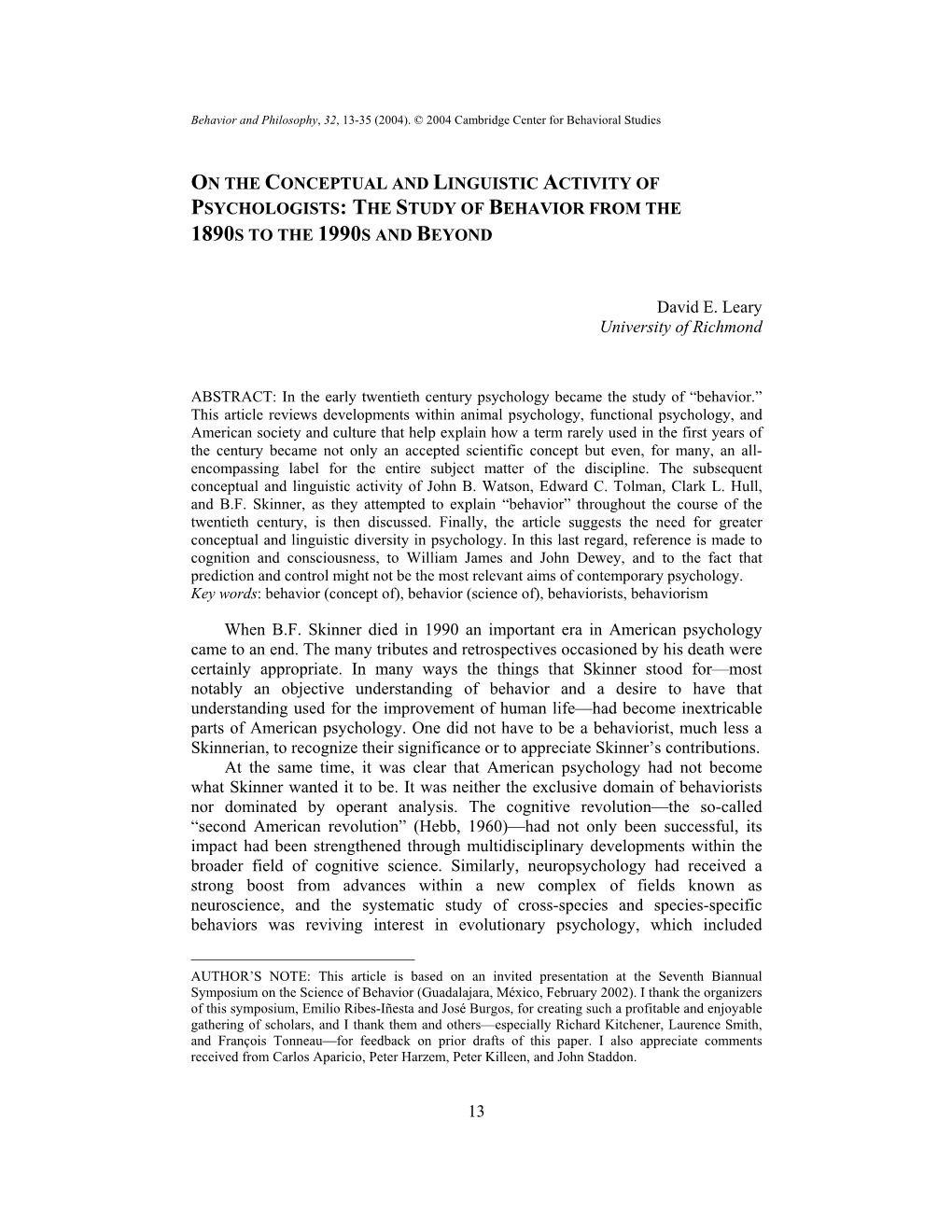 On the Conceptual and Linguistic Activity of Psychologists: the Study of Behavior from The