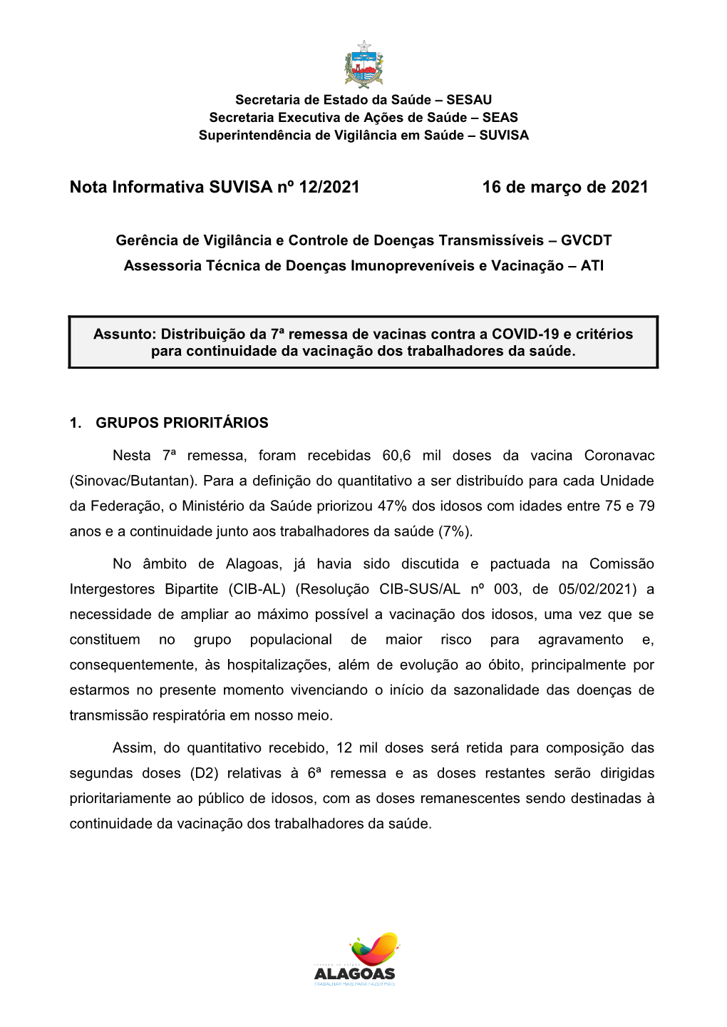 Nota Informativa SUVISA Nº 12/2021 16 De Março De 2021