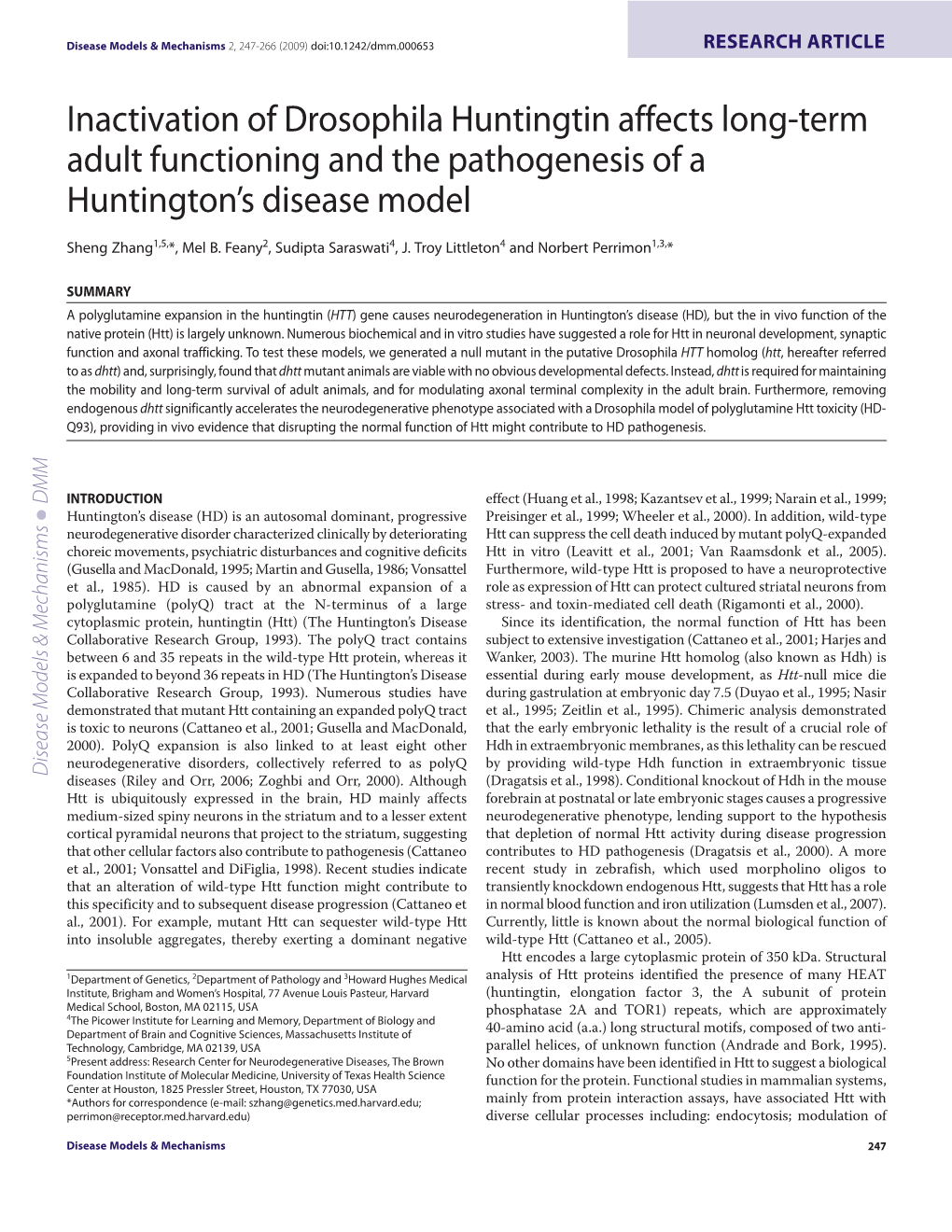 Inactivation of Drosophila Huntingtin Affects Long-Term Adult Functioning and the Pathogenesis of a Huntington’S Disease Model