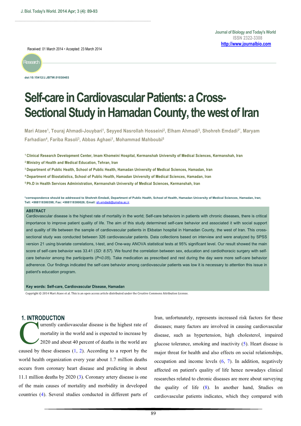Self-Care in Cardiovascular Patients: a Cross-Sectional Study in Hamadan