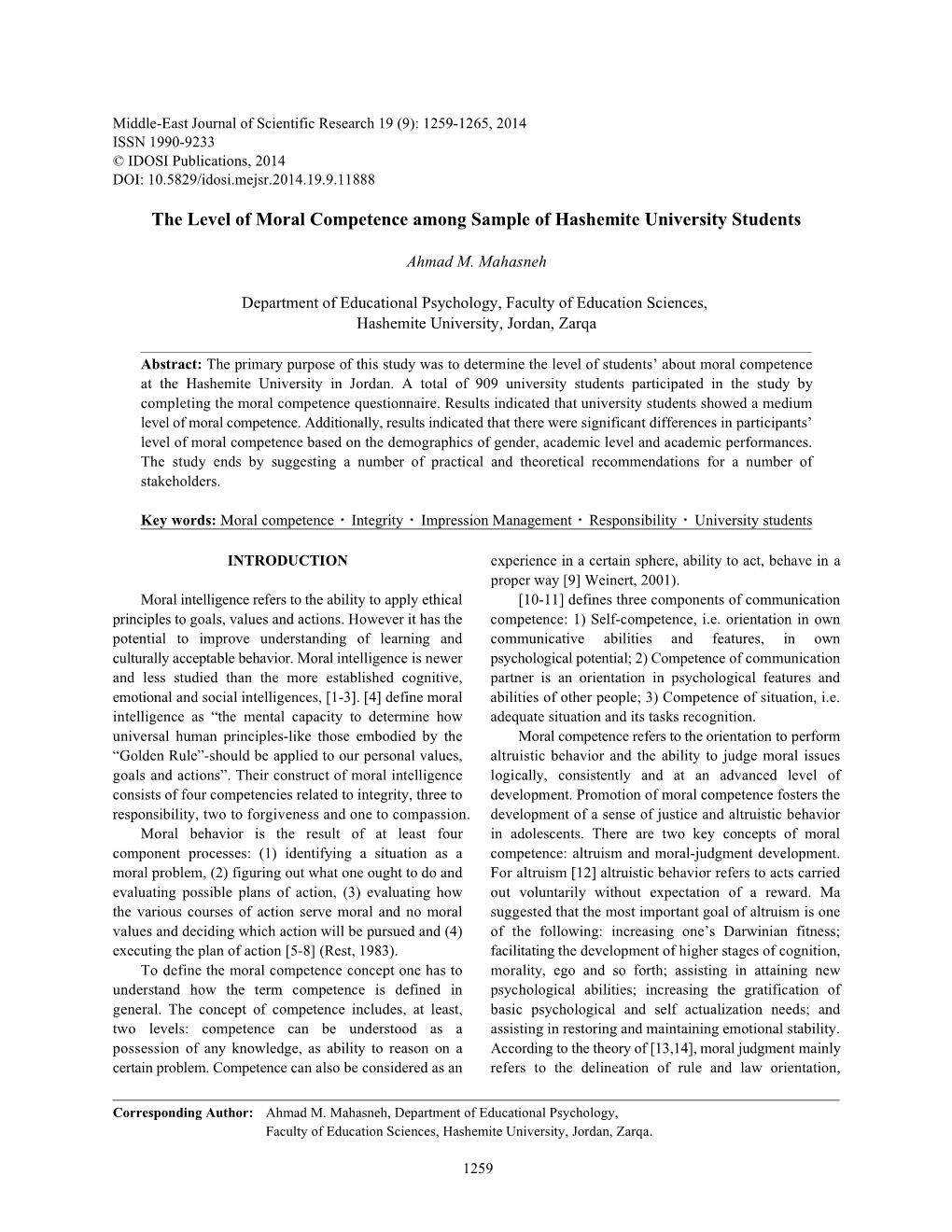 The Level of Moral Competence Among Sample of Hashemite University Students