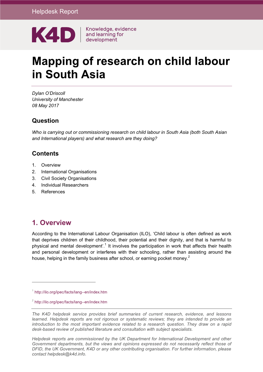 Mapping of Research on Child Labour in South Asia