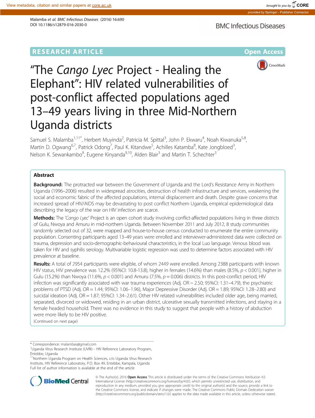 HIV Related Vulnerabilities of Post-Conflict Affected Populations Aged 13–49 Years Living in Three Mid-Northern Uganda Districts Samuel S