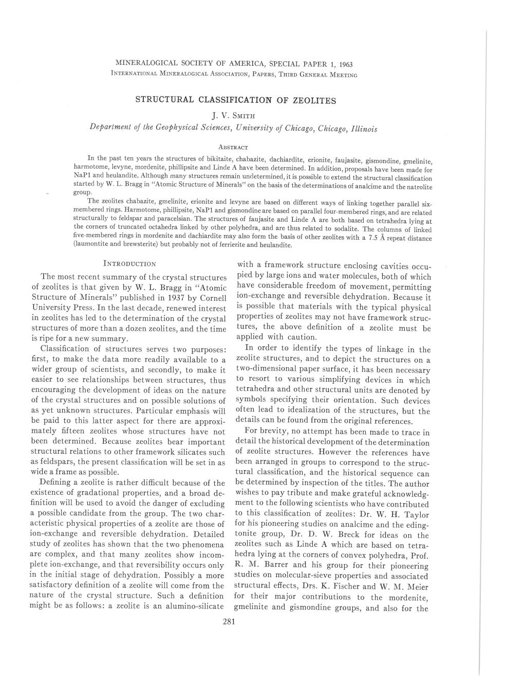 STRUCTURAL CLASSIFICATION of ZEOLITES Department of The